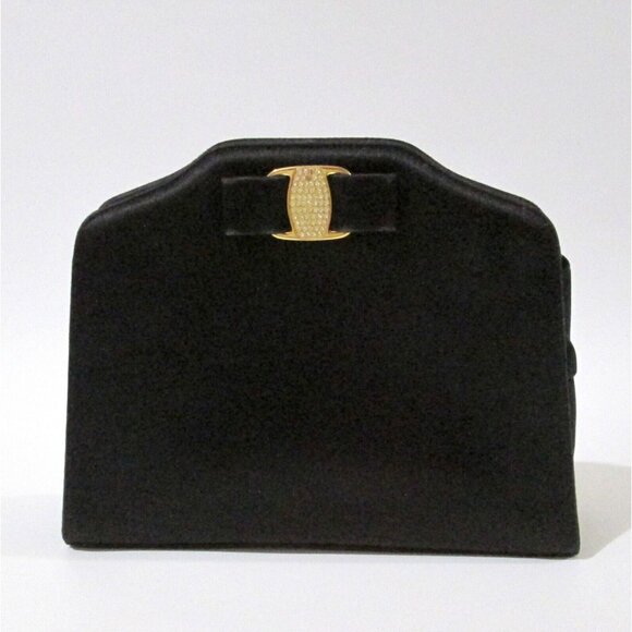 Vintage Salvatore Ferragamo Satin Clutch Purse Rhinestone Vara Bow Evening Bag